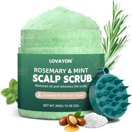 Rosemary Scalp Scrub & Exfoliator for Fuller Hair - Sea Salt & BHA Scalp Treatment with Silicone Massager Brush - Deep Cleanser for Oily Roots, 10.58oz