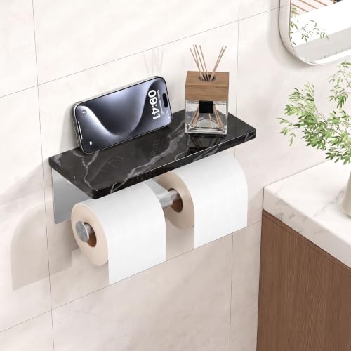 FORIOUS Double Toilet Paper Holder with Shelf, Wall Mount Tissue Roll Holder for Bathroom, 304 Stainless Steel Commercial Toilet Tissue Dispensers with Phone Shelf (1, Stainless Steel-Marble) - color: Stainless Steel-marble