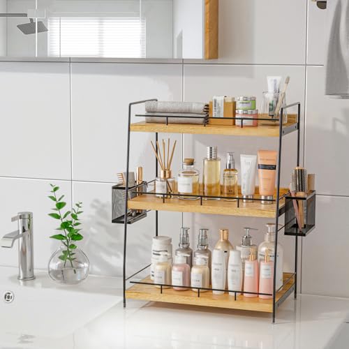 3 Tier Bathroom Counter Organizer with Side Baskets, Wood Countertop Vanity Shelf,Sturdy Metal Frame fits Tall Bottles - color: Brown