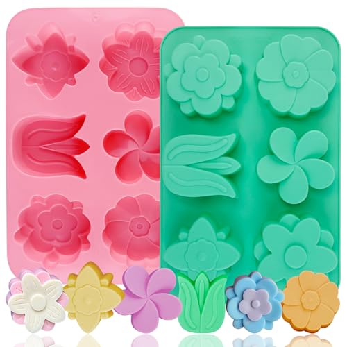 Flower Silicone Molds Tulip Daisy Flower Soap Molds 2Pcs Tulip Shape Candle Mold Daisy Floral Resin Clay Wax Soap Mold Floral Silicone Moldes para Velas for Candles Polymer Clay Craft - color: Pink Green