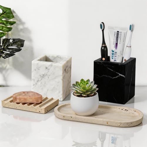 Natural Marble Soap Dish for Shower Stone Tray Small Bar Soap Holder with Self Draining | Non-Slip, Luxury Bath Room Accessories, Sponge Dish Scrubbers Tray for Kitchen Sink Counter Top (Travertine)