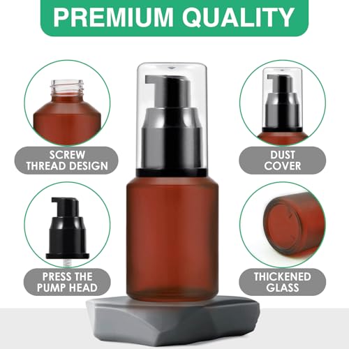 3PCS 30ML/1OZ Empty Reddish Brown Frosted Glass Bottles with Pump Refillable Vial Cosmetic Dispenser Jars Storage Travel Lotion Container Portable Sample Bottle for Toiletries,Foundation,Cream,Lotion - color: Reddish Brown, size: 1 Ounce