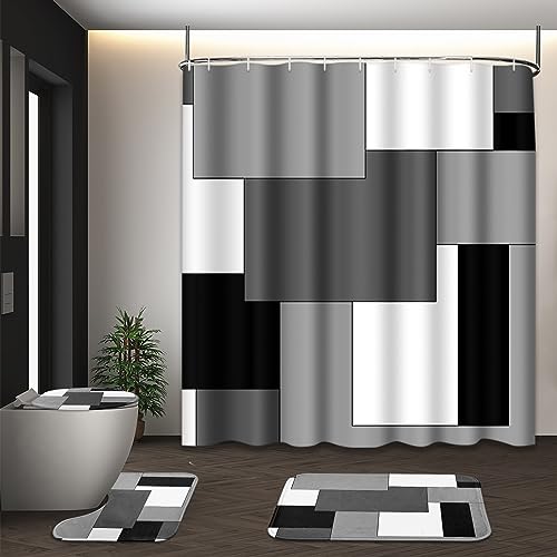 Grey Geometric Shower Curtain Set with Toilet Lid Cover and Non-Slip Rugs for Bathroom, Black White Checkered 4 Pcs Shower Curtain, Modern Abstract Bathroom Set with 12 Hooks - color: Abstract Geometric Grey
