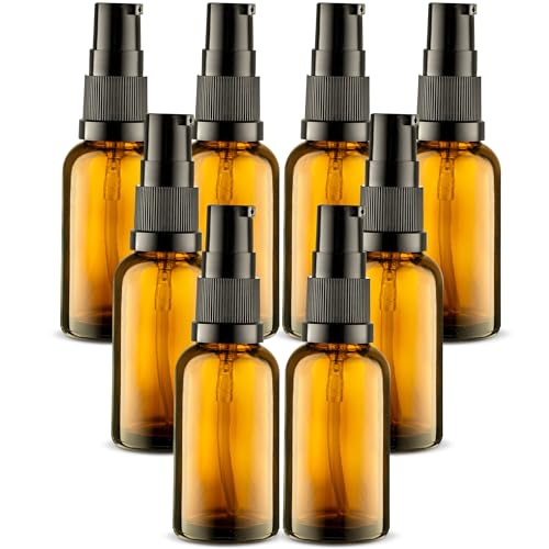 VitalUp 8 Pack Empty Refillable Glass Amber Pump Bottle Ideal for Lotion Cream Essential Oil Travel Small Container, 30ml - size: 8 Pack (30ml)