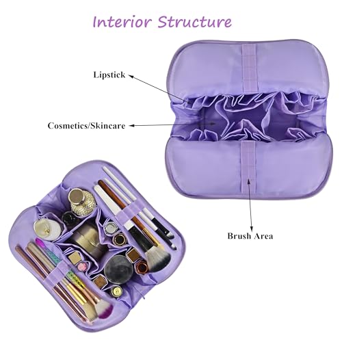 Travel Makeup Bag for Women, Waterproof Stand Up Cosmetic Bag with Brush Holders, Organizer Bag with Compartments, Fold-Down Design for Skincare, Toiletries & Essentials (Purple, Medium) - color: Purple, size: Medium