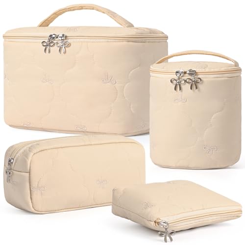 4Pcs Quilted Makeup Bag Set, Cute Bowknot Puffy Makeup Bag Toiletry Bag w/ Bow Zipper Travel Essentials Large Water-Resistant Travel Makeup Bag Versatile Cosmetic Organizer Pouch for Women Girls - color: Khaki