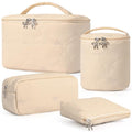 4Pcs Quilted Makeup Bag Set, Cute Bowknot Puffy Makeup Bag Toiletry Bag w/ Bow Zipper Travel Essentials Large Water-Resistant Travel Makeup Bag Versatile Cosmetic Organizer Pouch for Women Girls - color: Khaki