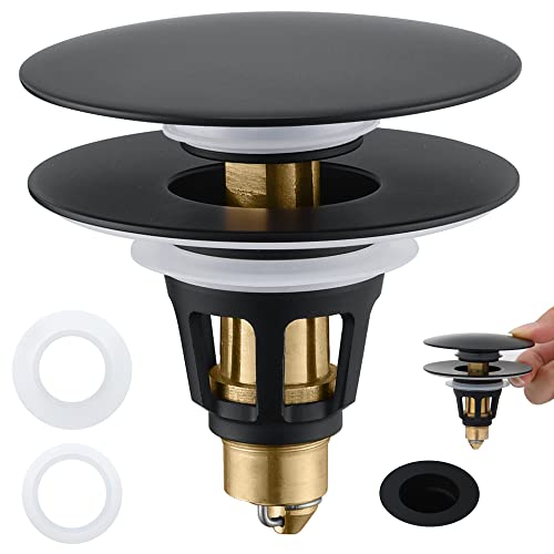 Universal Bathroom Sink Stopper - Pop Up Sink Drain Stopper, Push Button Flixfilter Sink Drain Stopper Replacement, Wash Basin Drain Filter Plug Anti-Clogging Basket, Matte Black - color: Matte Black, style: Large Cover