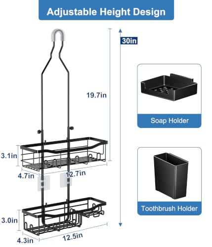 Upgraded Extended Length Shower Organizer with 16 Hooks, Rustproof Shampoo Soap Storage, Large Hanging Bathroom Caddy with Soap and Toothbrush Holder - color: Black with Toothbrush