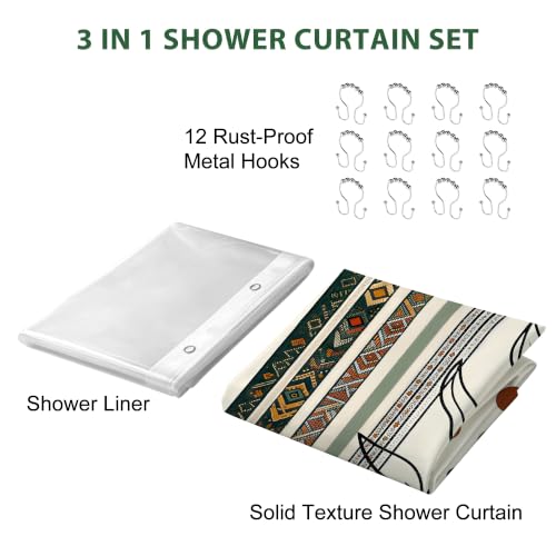 LQCOOL Boho Leaf Shower Curtain and Liner, 3 in 1 Shower Curtain Set with 12 Double Sided Shower Curtain Hooks,Fabric Shower Curtains for Bathroom,72" W*72" H - color: Boho