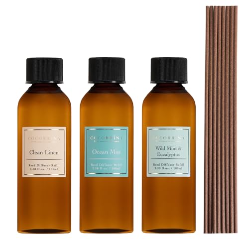 COCORRÍNA Reed Diffuser Refill Set, 10.2oz Scented Oil Refill 3 Pack, Clean Linen, Ocean Mist, Eucalyptus & Moss, Long Lasting Oil Diffuser Refill with 18 Sticks for Bathroom & Bedroom