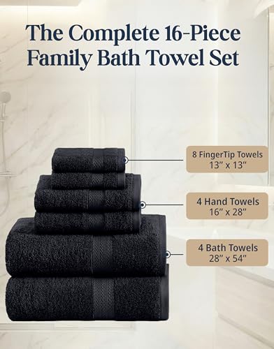 LANE LINEN 100% Cotton Towel Set for Bathroom - 16 Piece - Super Soft, Hotel Quality - 4 Bath, 8 Wash Cloths, 4 Hand Towels for Bathroom - Classic, Gentle on Skin, Ideal for Spa & Daily Use - Black - color: 04: Black