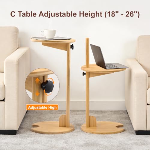 Bamboo C-Shaped Side End Table for Sofa | Slides Under Couch; Round Solid Bamboo Top; Works as Laptop Desk & TV Tray; Space-Saving for Small Living Rooms and Bedrooms - color: Natural