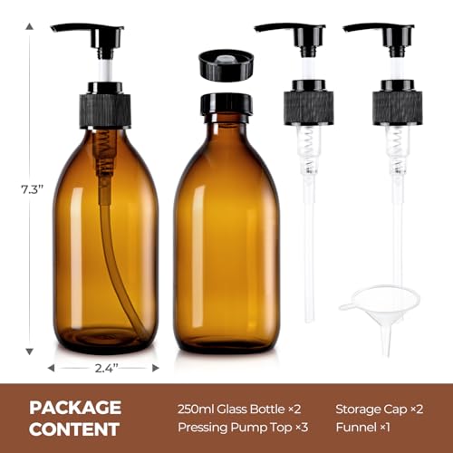 8 oz Amber Glass Pump Bottle, 250ml Glass Soap Dispenser Bottle for Body Lotion Massage Oil, Refillable Empty Hand and Dish Soap Dispensers Set with Labels - 2 Pack - color: Amber