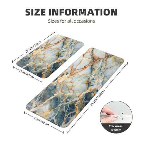 White Cyan Gold Marble Kitchen Rugs Microfiber Floor Mats Cushioned Carpet Runner Rug for Laundry Bathroom Living Room, 2 Piece Set 17"X 47" + 17"X 30" - color: White Cyan Gold Marble