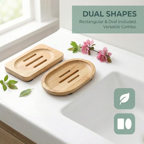2Pcs Bamboo Soap Dish Wooden Tray Holder for Shower Steamer Bar Soap Dishes Natural Wood Bathroom Kitchen Shampoo Soap Holder 2 Size