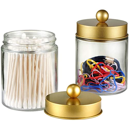 Amolliar 4 Pc Glass Apothecary Jars - Countertop Qtip Dispenser Holder with Stainless Steel Lids &Cute Stickers -Bathroom Vanity Storage Organizer Set for Qtips,Cotton Swabs,Makeup Sponges(Gold) - color: Gold