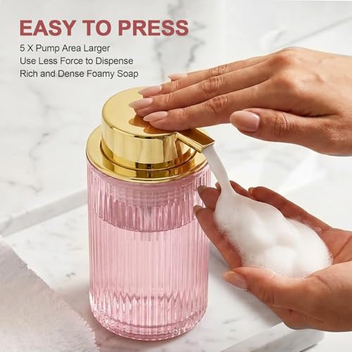 KASUNTING Pink Glass Foaming Soap Dispenser, Ribbed Foam Hand Soap Dispenser for Bathroom, 11 Fl Oz Refillable Foaming Pump Bottle with Black Pump, Modern Dish Soap Foam Dispenser - color: Pink Bottle+ Gold Pump, size: Foam-1 Pack