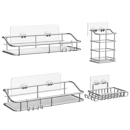 Nieifi Shower Caddy Shelf with Hooks Storage Rack Organizer Adhesive Stainless Steel without Drilling for Bathroom, Lavatory, Washroom, Restroom, Shower, Toilet, Kitchen (Sliver, 4 Pack) - color: A-Silver, size: 4 Pack