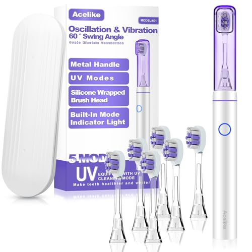 Metal Electric Toothbrush with UV Mode, Vibration and Oscillation Electric Toothbrush for Adults, 6 Brush Heads & Travel Case & Dust Cover, 5 Modes & Built in Timer, One Charge Last 120 Day（Sliver） - color: Sliver