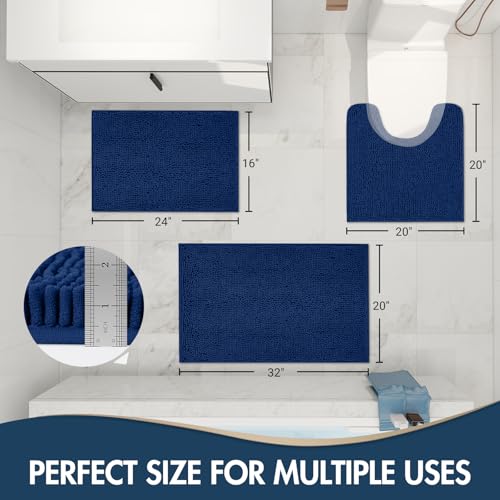 TREETONE Bathroom Rugs Sets, Thick Soft Absorbent 3 Piece Chenille Bath Rugs, Non-Slip, Dry Quickly, Machine Washable, Shaggy Mats with U-Shaped Toilet Rug for Bath Floor, Tub and Shower, Navy Blue - color: Navy Blue, size: 16"x24"+20"x32"+U Shape 20"x20"