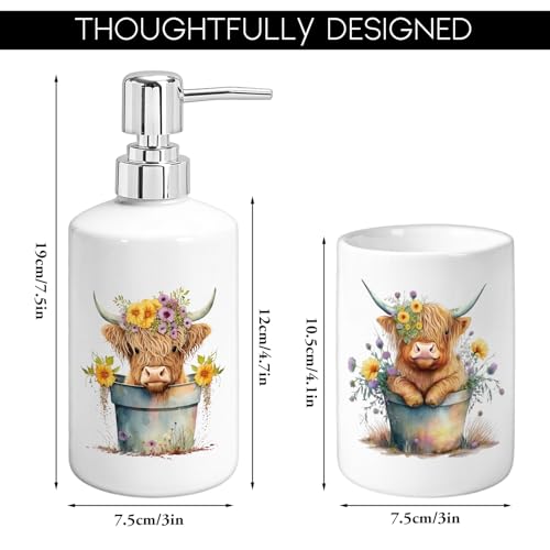 FYSUIMU Highland Cow Bathroom Toothbrush Holder Set Watercolor Rustic Cow Wildflower Ceramic Soap Dispenser with Tooth Brush Organizer for Modern Countertop Decor Set - color: Highland Cow