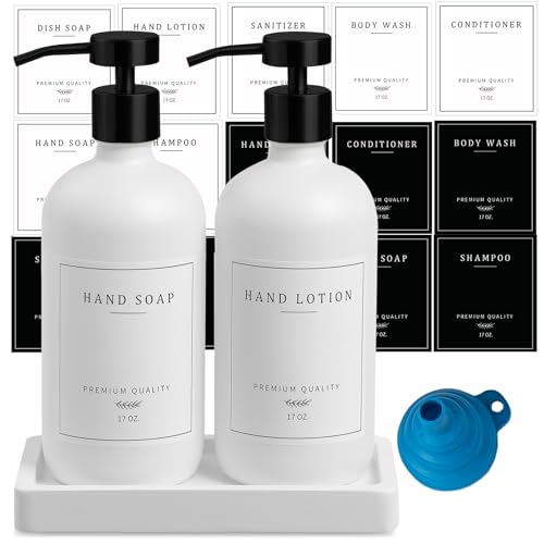 Kitchen Soap Dispenser - Hand and Dish Soap Dispenser Set, Bathroom Glass Soap and Lotion Dispenser with Pump, Tray, 14 Waterproof Labels, Set of 2 White Bottle/Black Pump-pd - color: White Bottle/Black Pump + Tray