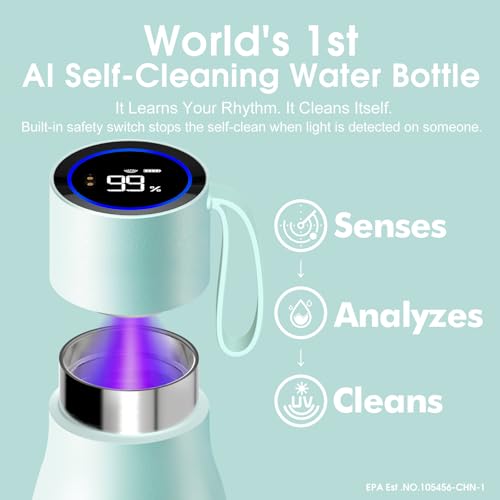 VSITOO S1 Pro 15oz Insulated Stainless Steel Self-Cleaning Water Bottle | Mini 15oz Insulated Bottle With Auto Self-Cleaning, App or Touchscreen Control, Temp Display, 30-Day Battery & 24H Cold - color: Blue, size: 15 Ounces