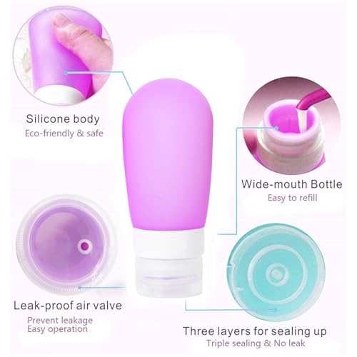 Mziart Travel Bottles for Toiletries, 2.7oz Silicone Travel Size Containers, 3 Pack TSA Approved Leak-Proof Reusable Squeezable Refillable Shampoo and Conditioner Bottles (Pink, Purple, Green) - size: 2.7 OZ
