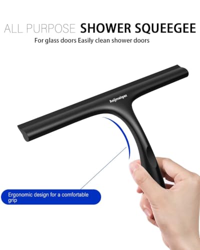Shower Squeegee for Glass Doors, 10 in Bathroom Squeegee with Adhesive Hook | Mutil-Purpose Window Squeegee for Shower Glass, Tile Walls, Car Cleaning, Ergonomic Handle, Silicone Streak Free Squeegees - color: All Black
