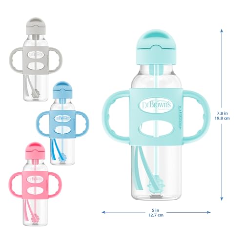 Dr. Brown's Milestones Narrow Sippy Straw Bottle, Spill-Proof with 100% Silicone Handles and Weighted Straw, 8 oz/250 mL, Pink, 6m+ - color: Pink, size: 1 Count (Pack of 1)