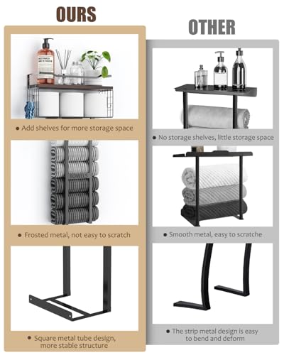 Large Towel Rack & Bathroom Towel Holder - Wall Mounted Metal Rack with Wooden Floating Shelf, Small Bathroom Towel Storage, Easy Holds 6 Large Rolled Towels, Black with Brown Plank - color: Black With Brown Plank