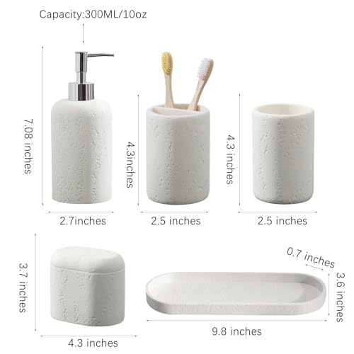 Bathroom Accessories Set, 5PCS, Travertine Stone Look, Off White | Modern, Luxurious, Bathroom Accessory Set with 13.53OZ Soap Dispenser, Tumbler, Toothbrush Holder, Qtip Holder, Vanity Tray - color: Off White