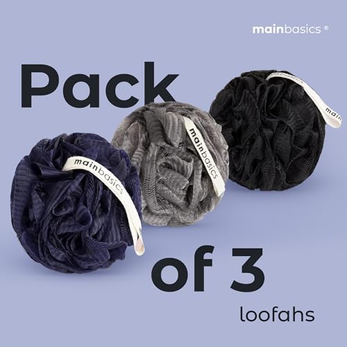 MainBasics Shower Loofah Sponge Pouf, Set of 3, Black Ice | Soft Mesh Body Scrubber and Bath Sponge for Gentle Exfoliation, Rich Lather, and Everyday Shower Use - style: Black Ice