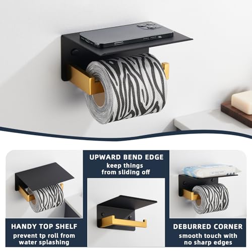 Angle Simple Toilet Paper Holder with Shelf, 304 Stainless Steel Bathroom Tissue Roll Holder for Wall Black and Gold - color: Black & Gold, size: Single Rod