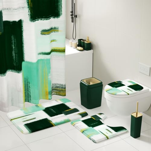 XLHOMO Bathroom Accessories Set - 26PCS Dark Green Bathroom Set, Bathroom Accessory Set with Shower Curtain and Rugs and Bathtub Mats for Home - color: Plaid Green & Gold, size: Complete Set+Bath Rugs+Bathtub Mat