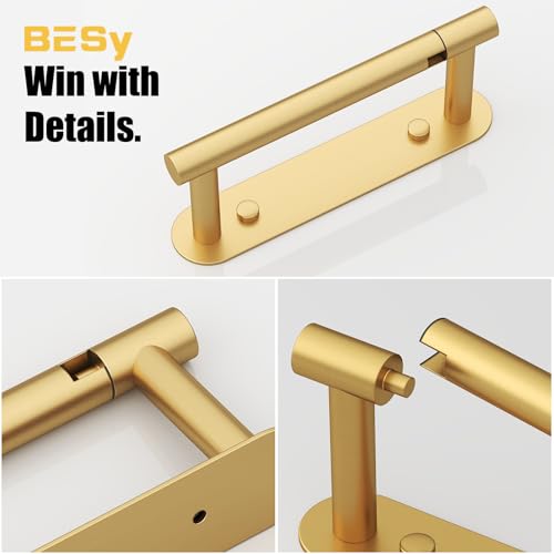 BESy Adhesive or Screw Toilet Paper Holder Wall Mount Rustproof Modern Roll Holder Flexible Pivoting Adjustable Tissue Handle with Self Adhesive or Mounted with Screws Stainless Steel Brushed Gold - color: Brushed Gold