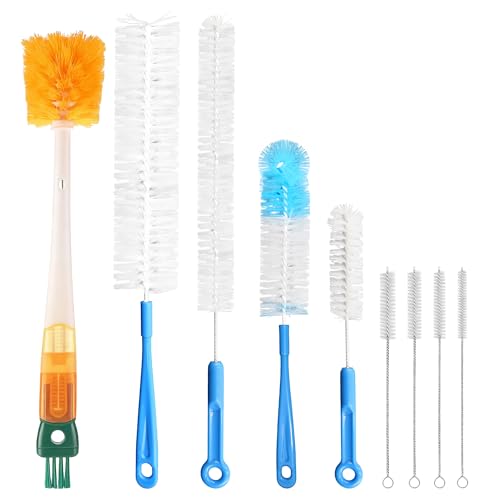 9Pcs Bottle Cleaning Brush Set with Long Handle, Nylon Tube Brush Cup Cleaner, Straw Brushes for Washing Narrow Neck Water Bottle Pipes Kettle Spout Cleaning