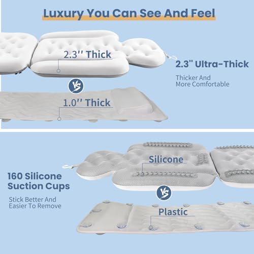 Luxury Bath Cushion, Full Body Bathtub Pillow with 160 Suction Cups, Bath Mat for Head and Neck Support, with Laundry Bag (White, 51" x 16") - color: White, size: 51" X 16"