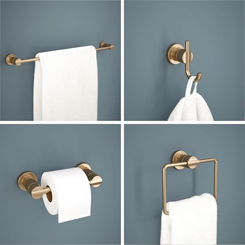 Delta 4-Piece Champagne Bronze Bathroom Set Towel Rack, Ring, Toilet Paper Holder, Hook | Nicoli Bath Accessories - color: Champagne Bronze