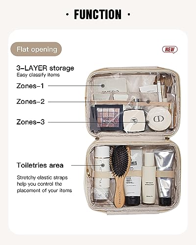 EACHY Toiletry Bag with Hanging Hook, Travel Makeup Bag PU Leather Cosmetic Bags for Women Make Up Organizer with 4 Compartments Waterproof Full-Size Portable Travel Essentials (Beige) - color: A-Beige