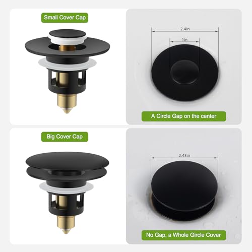 Universal Bathroom Sink Drain Stopper Strainer, Big Cover, Matte Black | 2 in 1 Pop Up Sink Stopper for 1.1''~2.36'' Sink Basin Hole, Hair Catcher with Removable Stainless Steel Filter Basket - color: Matte Black