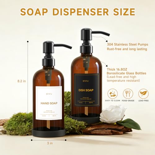 Kitchen Soap Dispenser Set – 16.8oz/500ml Glass Hand and Dish Soap Dispenser with Stainless Steel Pumps & Non-Slip Silicone Base, Luxury Countertop Decor for Home, Airbnb, Hotel (Amber & Black) - color: Amber & Black