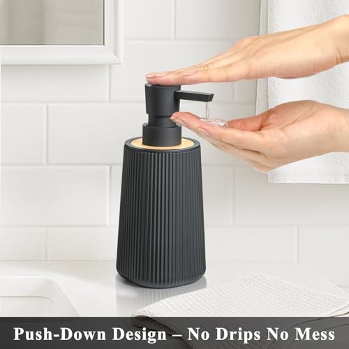 Black Hand Soap Dispenser Set with Bamboo Decor and No Rust Pump for Bathroom and Kitchen Countertops Refillable Striped Matte Plastic 8.5 oz - color: Black Bamboo Set of 2