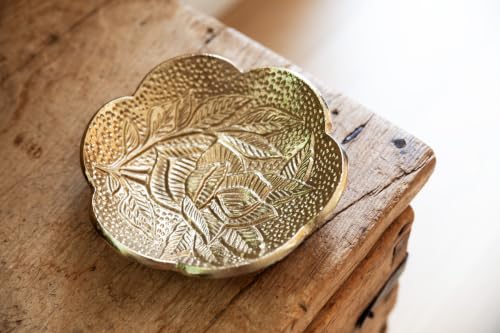 Brass Jewelry Bowl – Gold Color Circular Small Round Spoon Rest Soap Dish Candle Holder - Perfect Catchall Tray for Candles, Jewelry, Rings, and Trinkets (Gold with Embossed Rose Design) - color: Gold With Embossed Rose Design