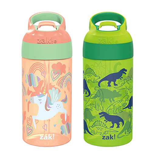 Zak Designs 16oz Riverside Kids Water Bottle with Spout Cover and Built-in Carrying Loop, Made of Durable Plastic, Leak-Proof Water Bottle Design for Travel (Unicorn & Dino Camo, Pack of 2) - color: Unicorn & Dino Camo
