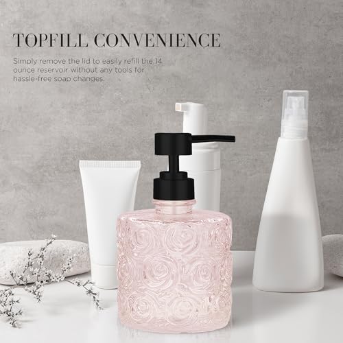 Marcella Glass Soap Dispenser with Soap Pump, Refillable 14 Ounce Capacity, Floral Design Rose Patterns, Heavy Weight Thick Glass for Bathroom, Premium Kitchen Soap Dispenser Peach Blush - color: Peach Blush