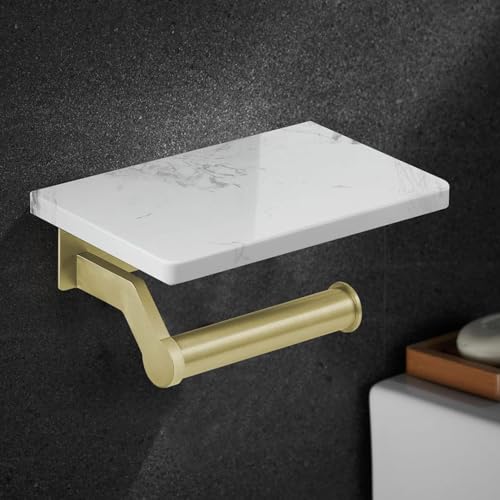 Hoimpro Brushed Gold Aluminum Toilet Paper Holder with White Natural Marble Shelf, Wall Mounted Tissue Hand Paper Roll Storage Holder for Bathroom Kitchen Washroom Bedroom - color: Gold