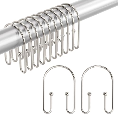 AmazerBath Shower Curtain Hooks, Nickel Shower Curtain Hooks Rust Proof, Non-Slip Simple Double Hook Shower Curtain Hooks for Shower Curtain, Sturdy Shower Curtain Rings, 12Pcs - color: Nickel, style: Minimalist