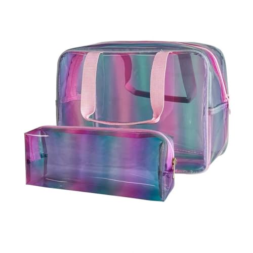 2 Set Waterproof Makeup Bag,11.81 x 5.12 x 8.27 inch 10 x 3.5 x 2inch Iridescent TPU Travel Toiletry Bag with Handle for Women & Men, Portable Cosmetic Pouch for Gym Swim Beach (418-2 Set) - color: 418-2 Set